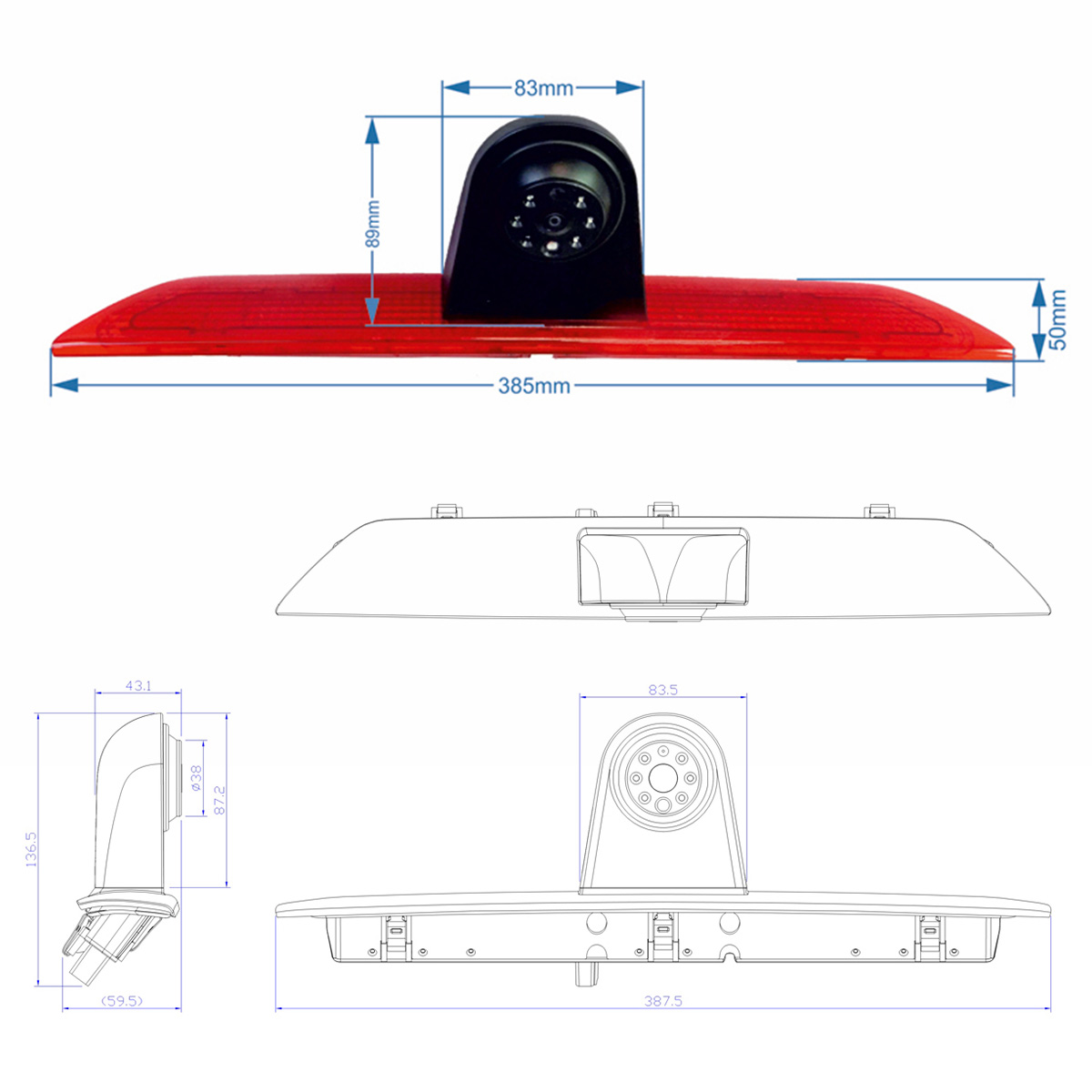 Diagramm einer Rückfahrkamera mit Abmessungen. Weißer Hintergrund.