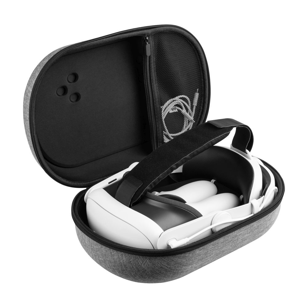 Una custodia grigia aperta per cuffie VR con interno nero. Le cuffie VR e i controller sono all'interno, insieme a un cavo.