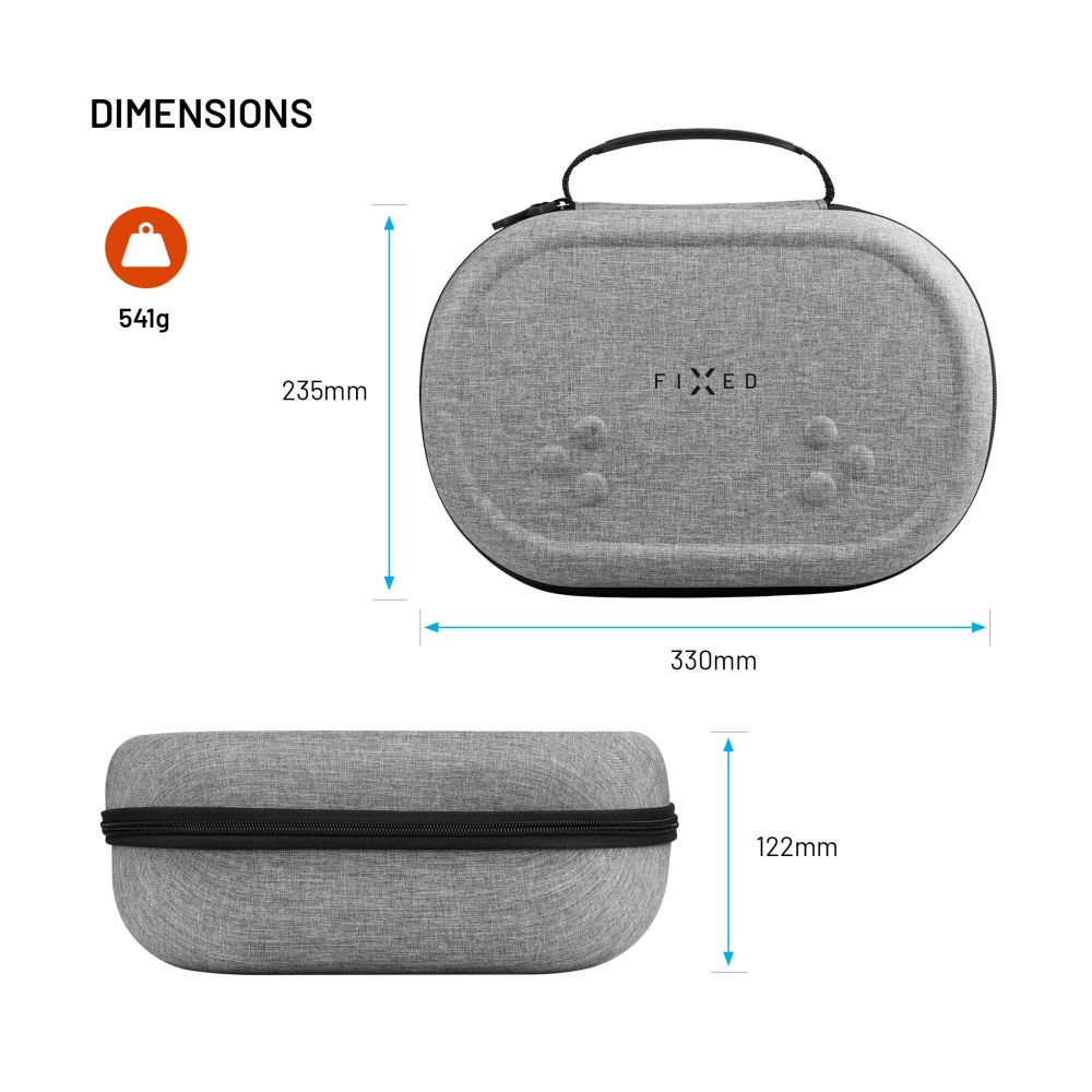 Dimensioni di una custodia grigia per visore VR. La custodia è lunga 330 mm, larga 235 mm e alta 122 mm.