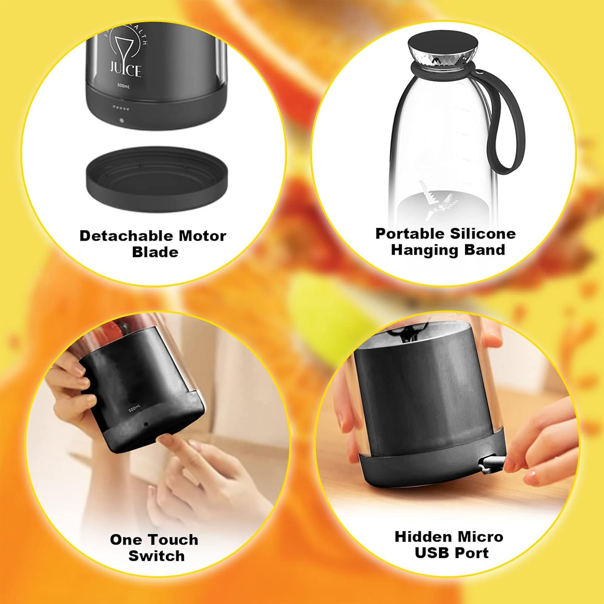 Nahaufnahmen eines Mixers, die abnehmbare Klinge, Silikonband, Ein-Knopf-Schalter und USB-Anschluss zeigen.