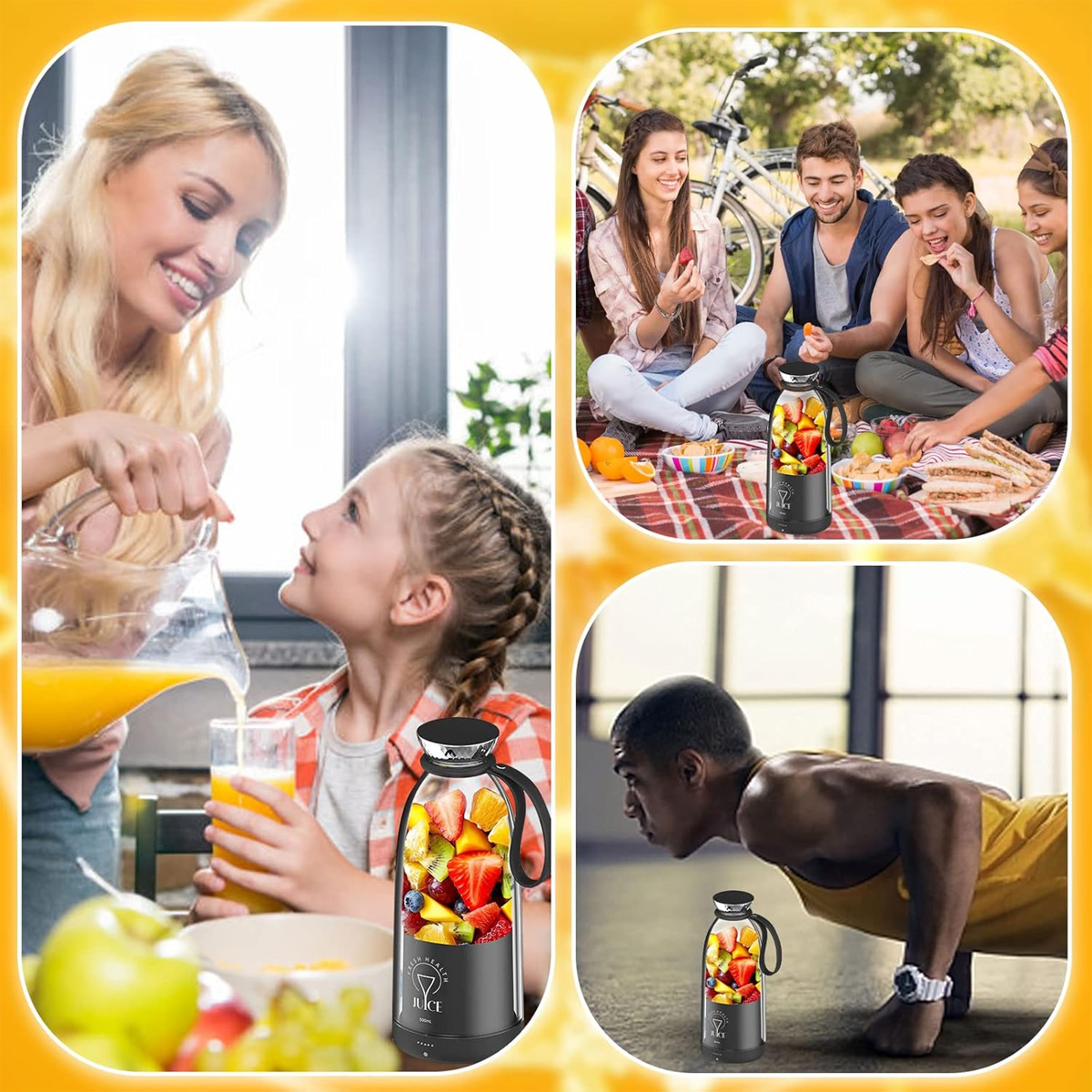 Eine Collage, die Menschen bei der Benutzung eines tragbaren Mixers in verschiedenen Umgebungen zeigt: zu Hause, im Park und beim Training.