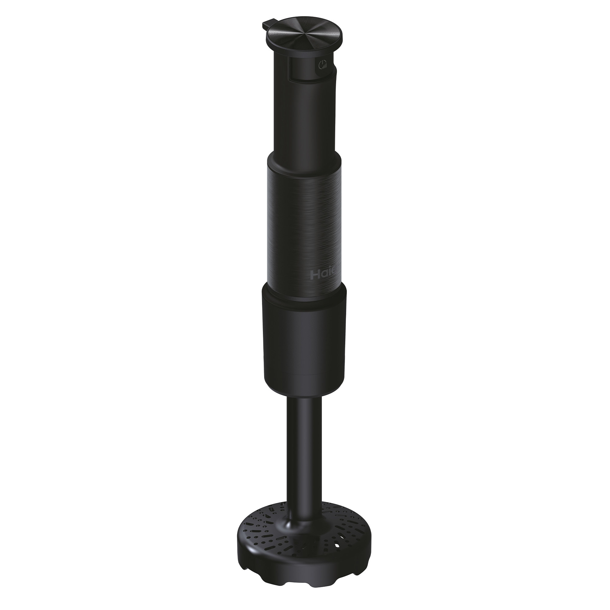 Czarne mocowanie blendera ręcznego, charakteryzujące się okrągłą podstawą z wieloma małymi otworami, odizolowane na białym tle.