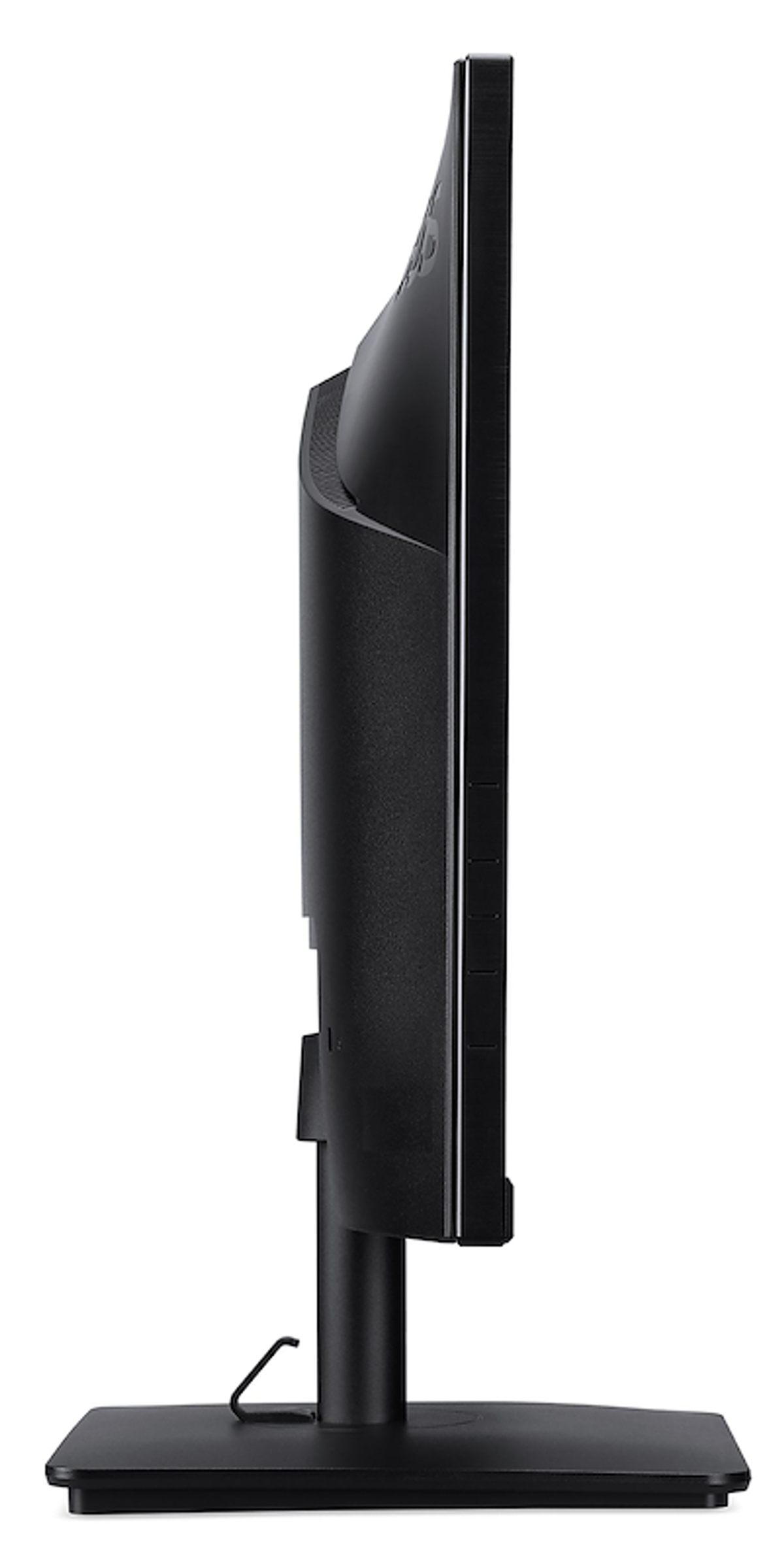 Boczny widok czarnego monitora Acer na stojaku, na białym tle, podkreślający jego smukłą konstrukcję.