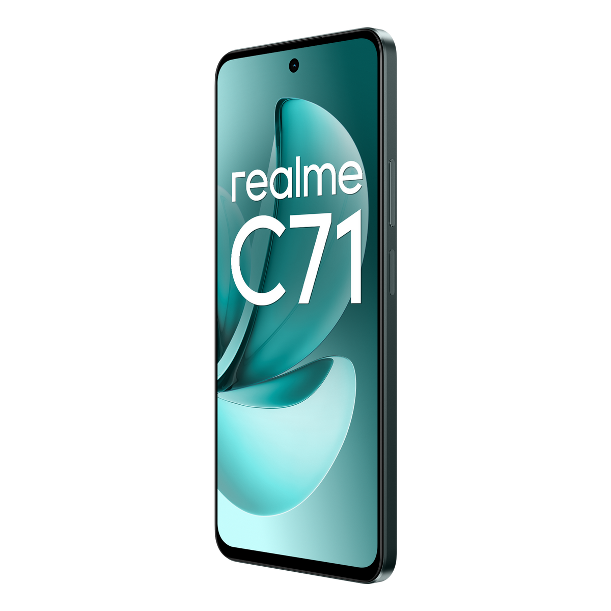 Die Rückseite eines dunkelgrünen Smartphones mit drei Kameras. Das Wort 'realme' unten.