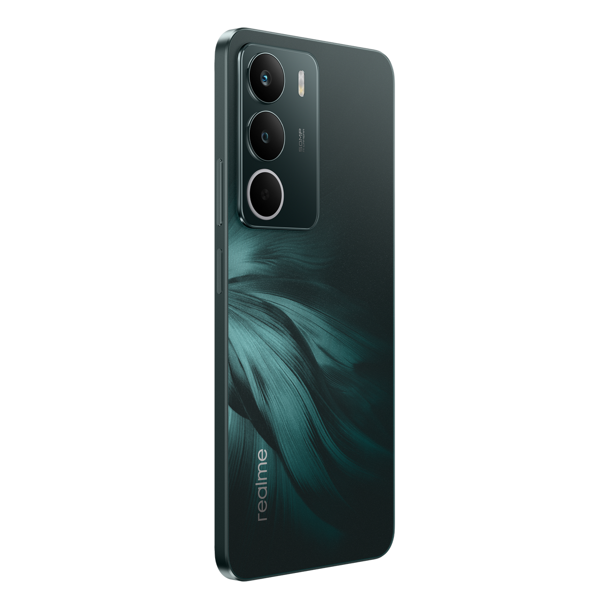 Ein Realme-Telefon mit blaugrünem und schwarzem Design, das über ein Dreifach-Kamera-Setup verfügt, wird vor einem schwarzen Hintergrund angezeigt.