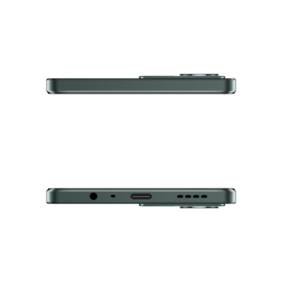 Die Rückseite des Smartphones mit drei Kameras und dem Wort 'realme'. Das Telefon ist grün.