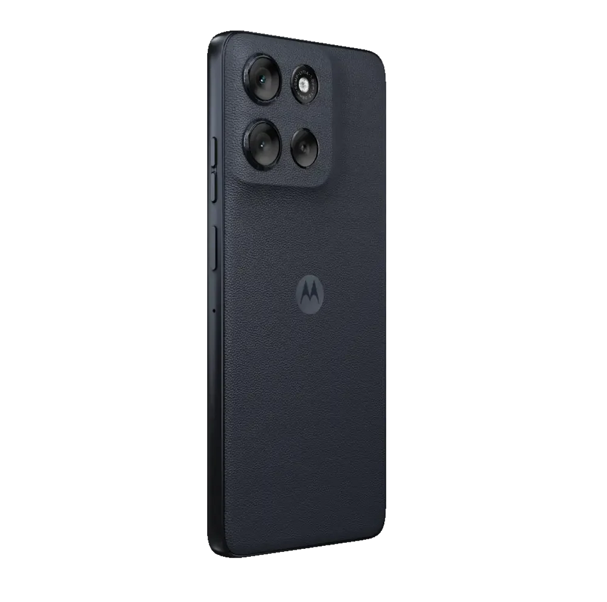 Ciemnoniebieski smartfon prezentuje okrągły moduł aparatu i logo Motorola z tyłu.