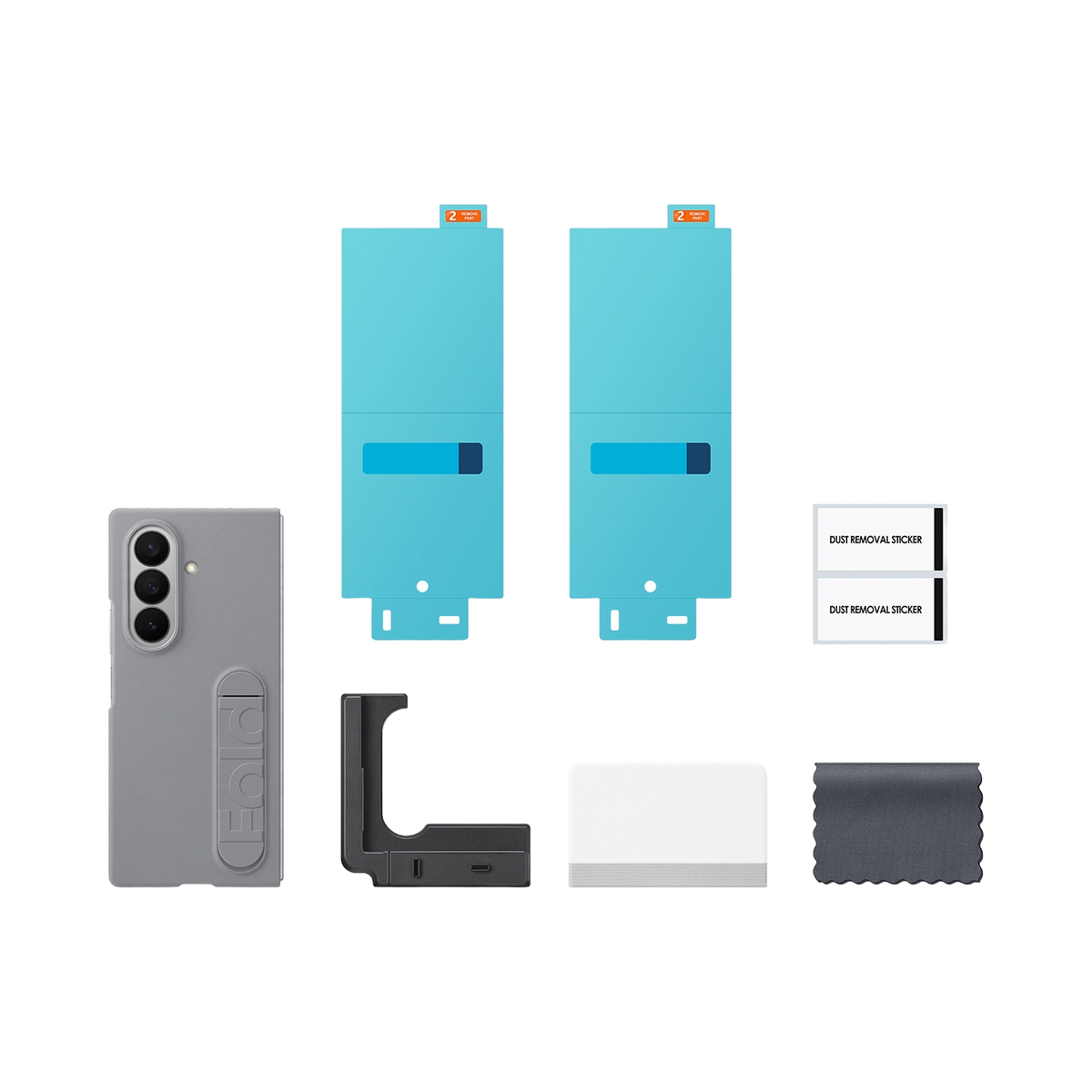 Wyświetlane jest szare etui na telefon z niebieskimi osłonami ekranu i narzędziami do czyszczenia.