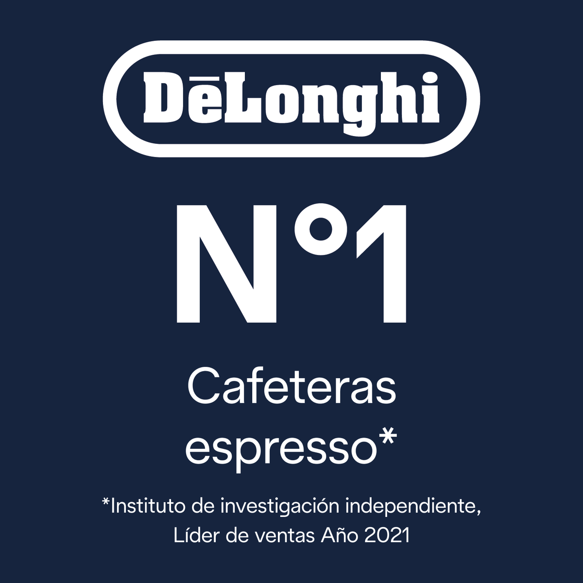 Niebieskie tło z białym tekstem: DeLonghi, N°1, Cafeteras espresso* i zastrzeżenie.
