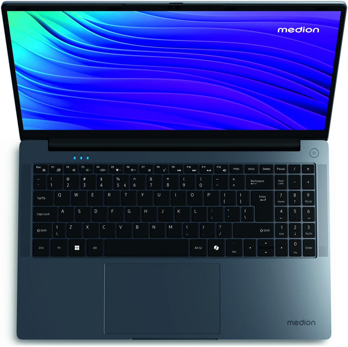 Ordenador portátil con teclado azul y pantalla con gradiente azul y verde azulado.