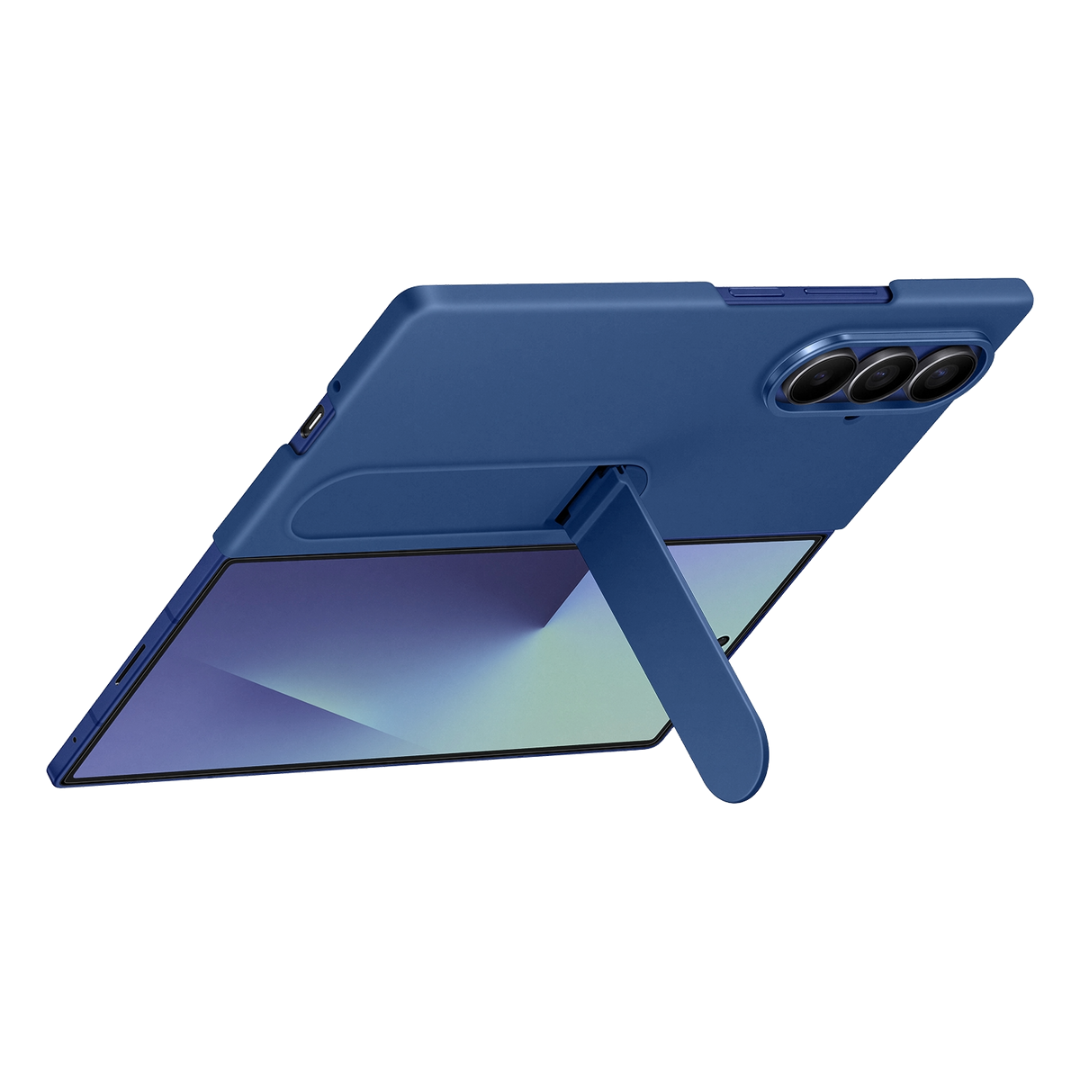 Niebieski smartfon z etui, w złożonej pozycji, oparty na czarnym tle.