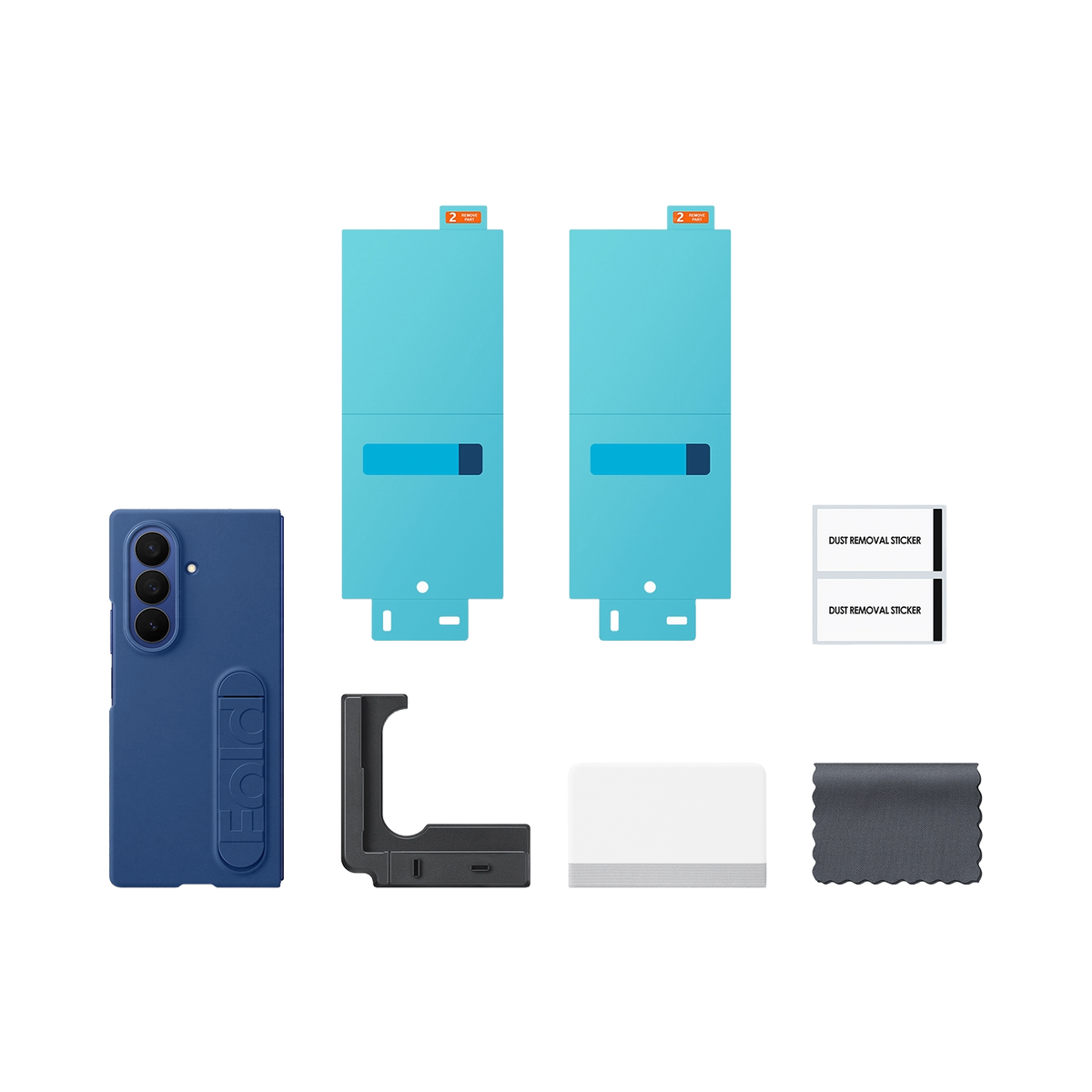 Niebieskie etui na telefon, ochraniacze ekranu i akcesoria do składanego telefonu.