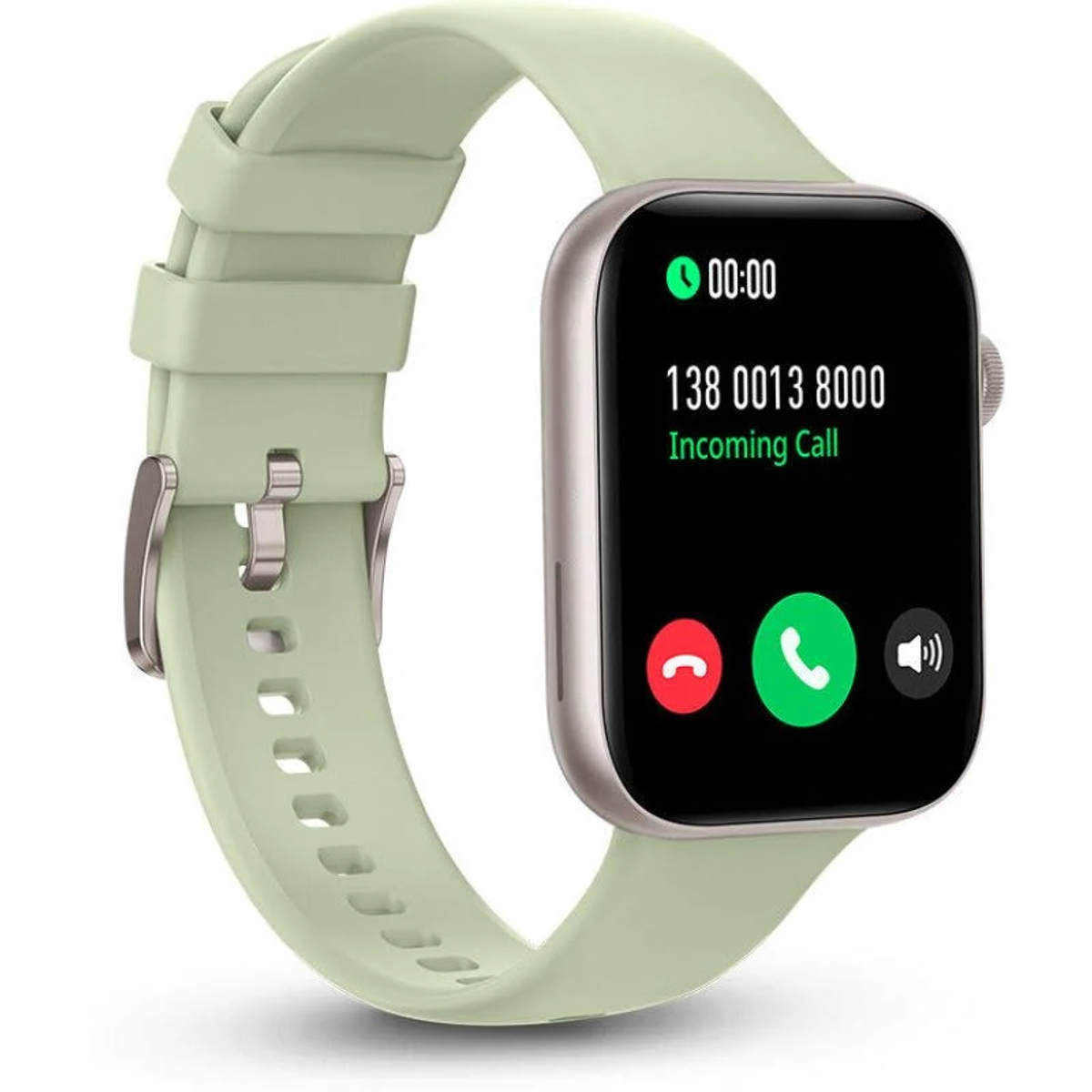 Un reloj inteligente con correa verde claro muestra una llamada entrante desde 138 0013 8000.