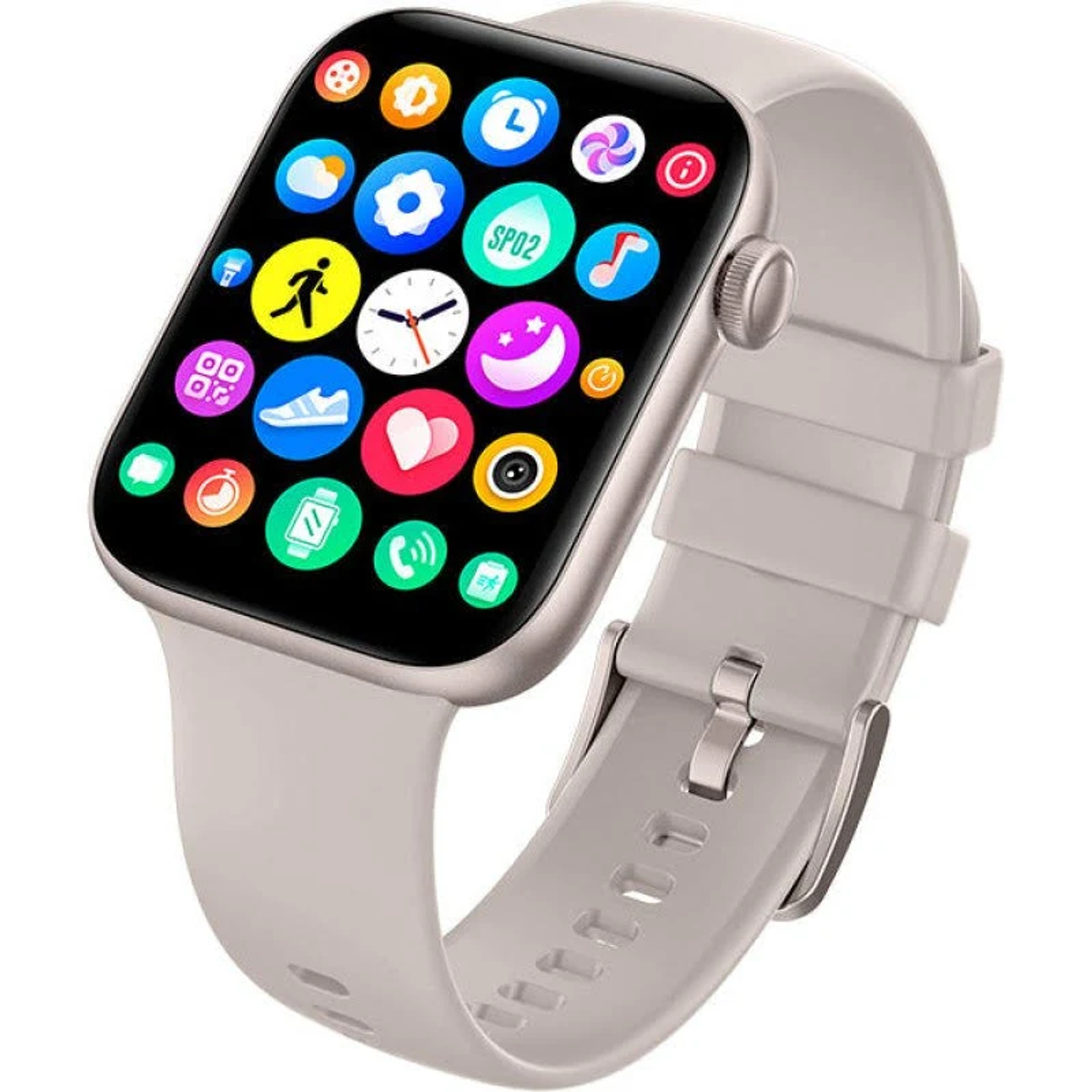 Uno smartwatch argentato con touchscreen che mostra le icone delle app e un cinturino bianco.