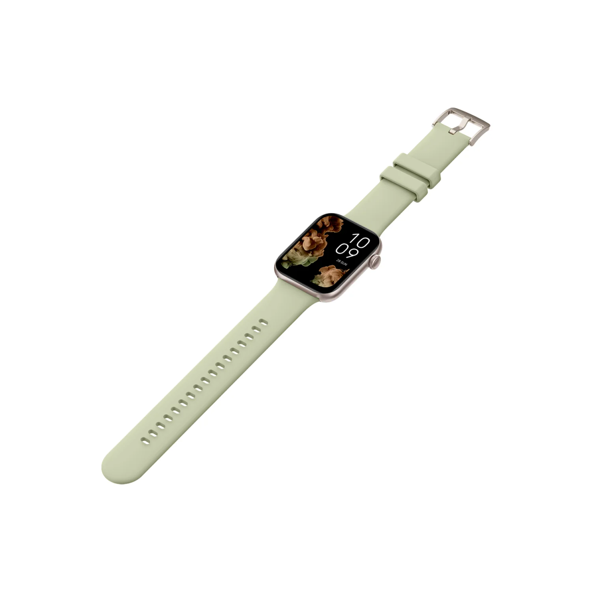 Uno smartwatch con cinturino verde e display digitale che mostra l'ora e la data.