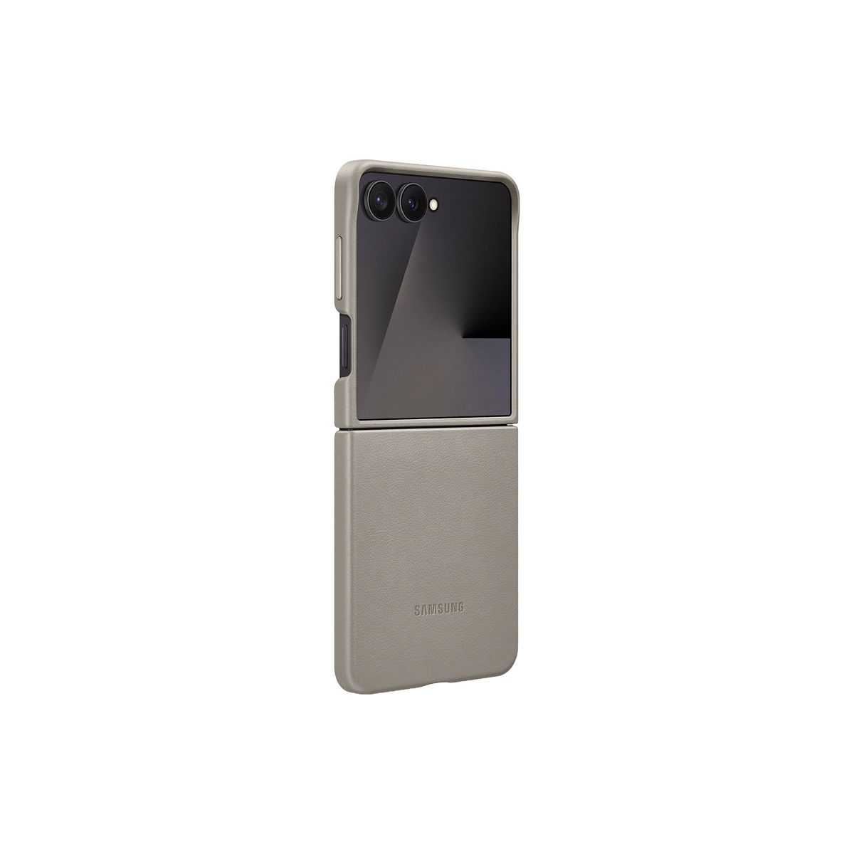 Eine hellgraue Handyhülle auf schwarzem Hintergrund für ein faltbares Telefon mit Samsung-Logo.
