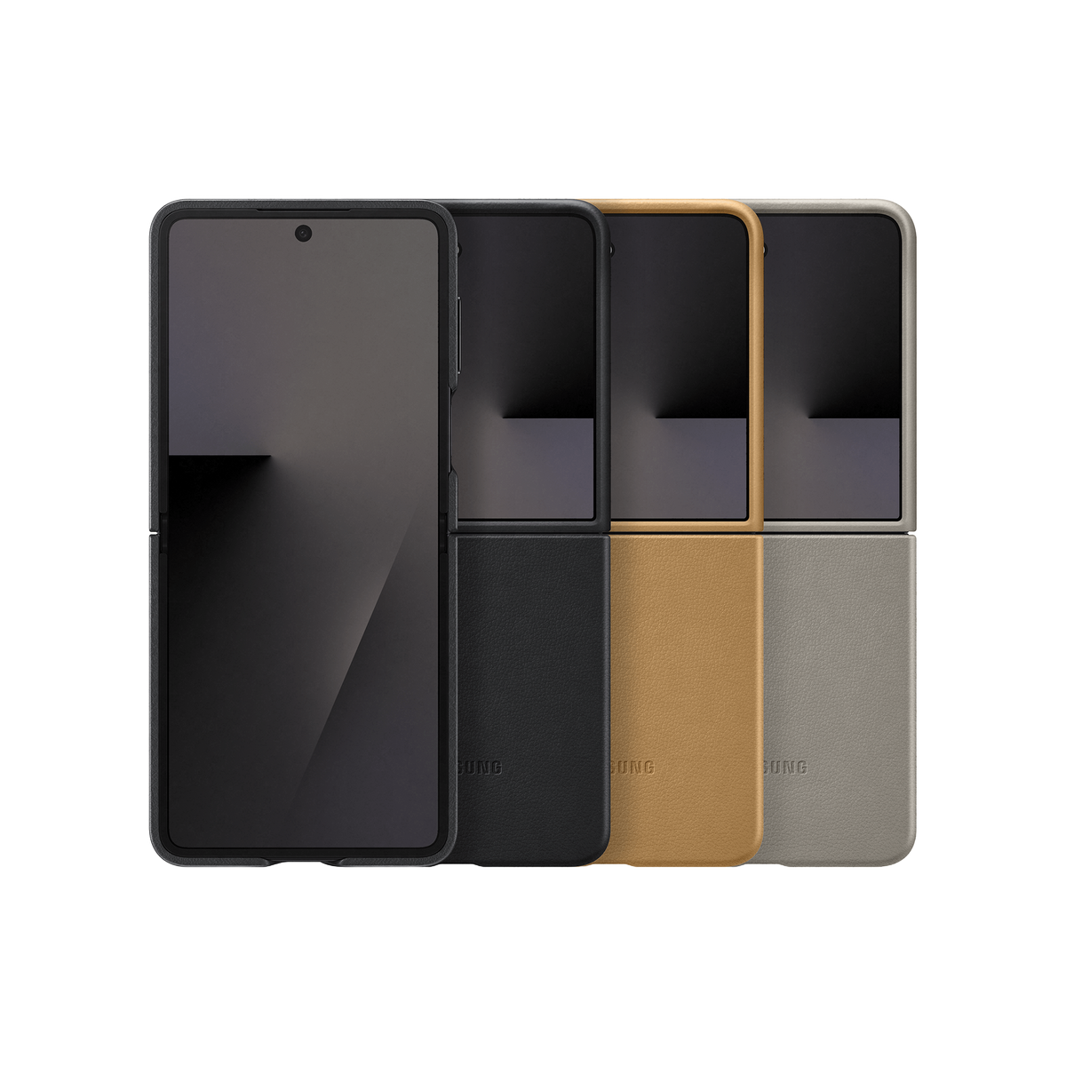 Vier faltbare Telefone hintereinander mit verschiedenen Hüllen: schwarz, schwarz, braun und hellgrau, Samsung-Logo.