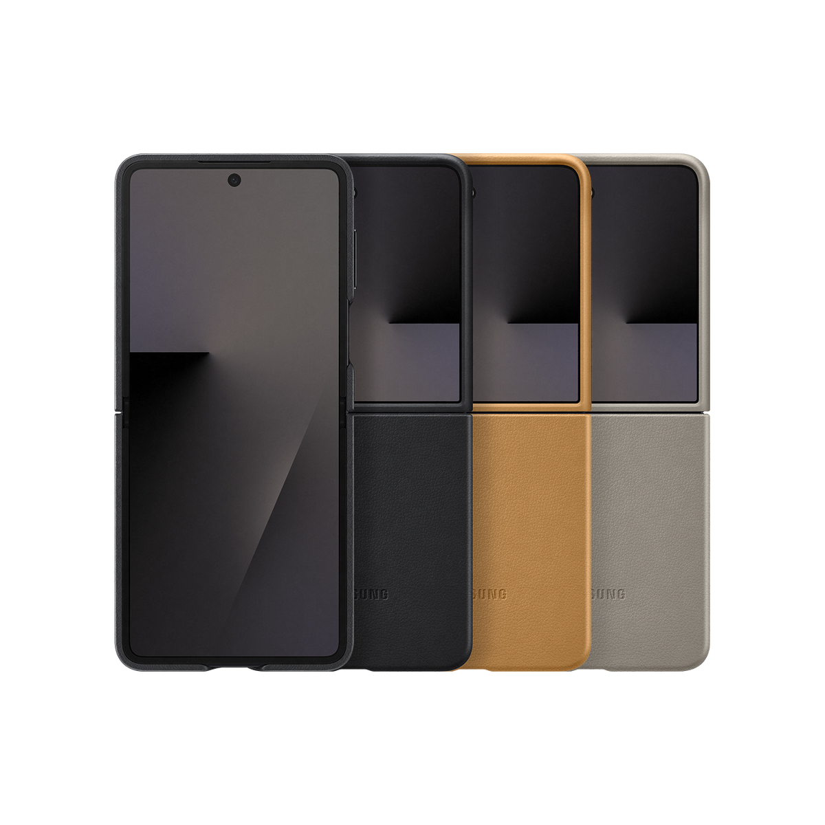Vier faltbare Telefone hintereinander mit verschiedenen Hüllen: schwarz, schwarz, braun und hellgrau, Samsung-Logo.