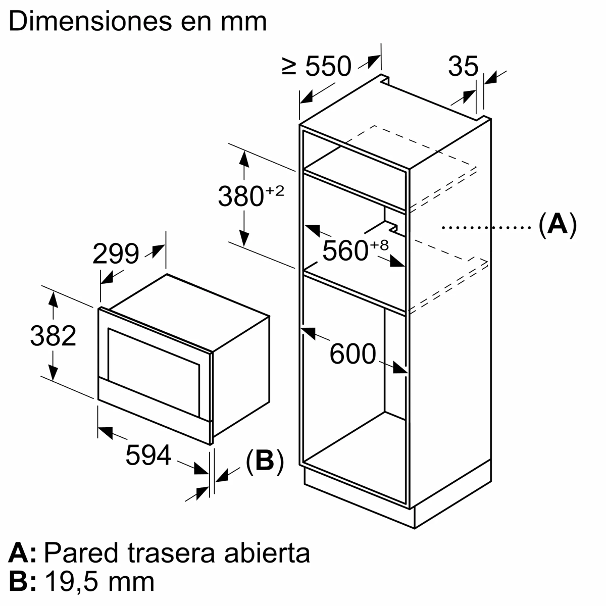 Rysunek techniczny wbudowanej kuchenki mikrofalowej i piekarnika z wymiarami w milimetrach.