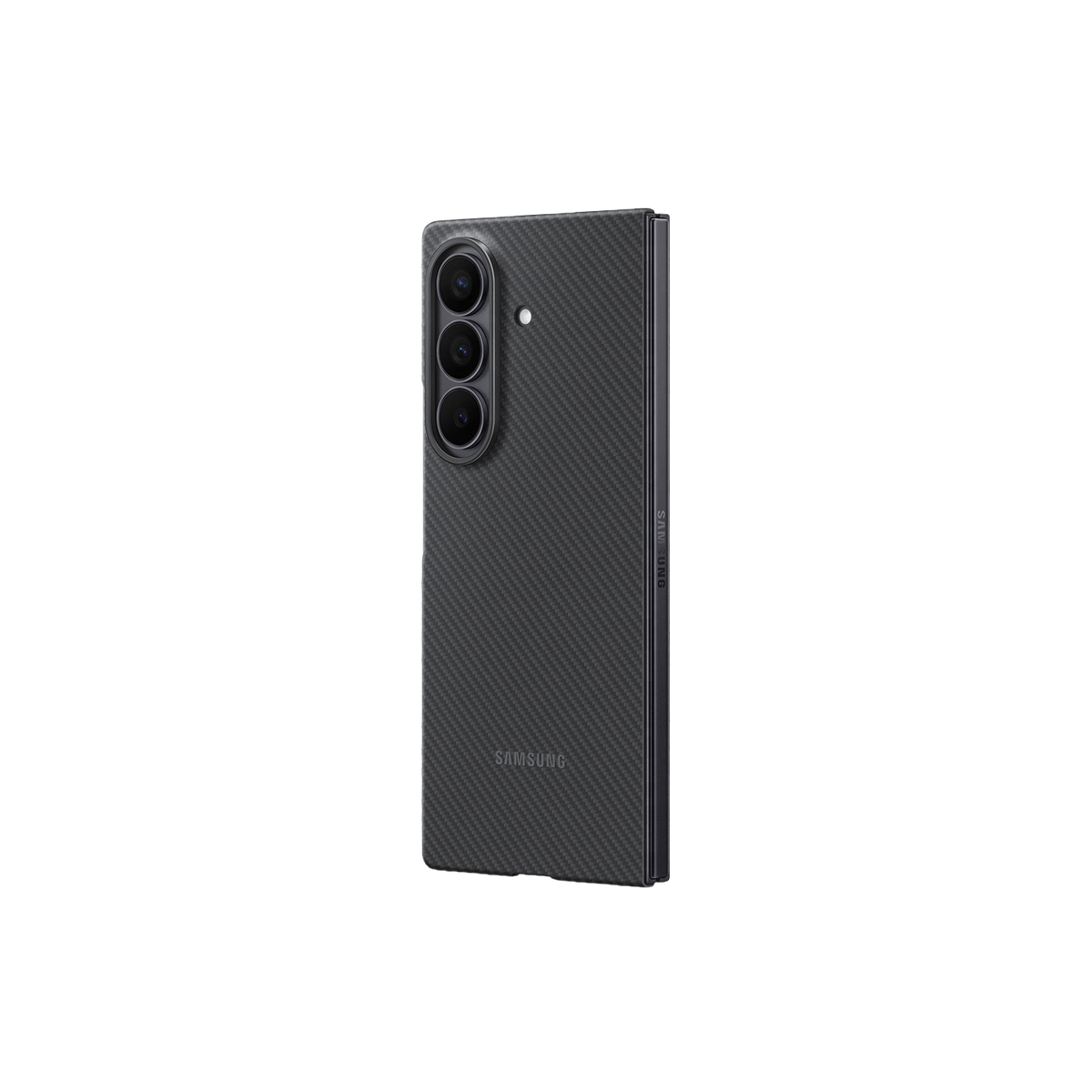 Ein schwarzes, faltbares Telefon mit einer Carbonfaser-ähnlichen Rückseite, das das Samsung-Logo zeigt.