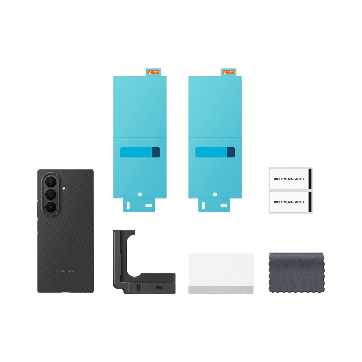 Ein Zubehörsatz für ein schwarzes Telefon, einschließlich Displayschutzfolien, Aufklebern und einem Reinigungstuch.