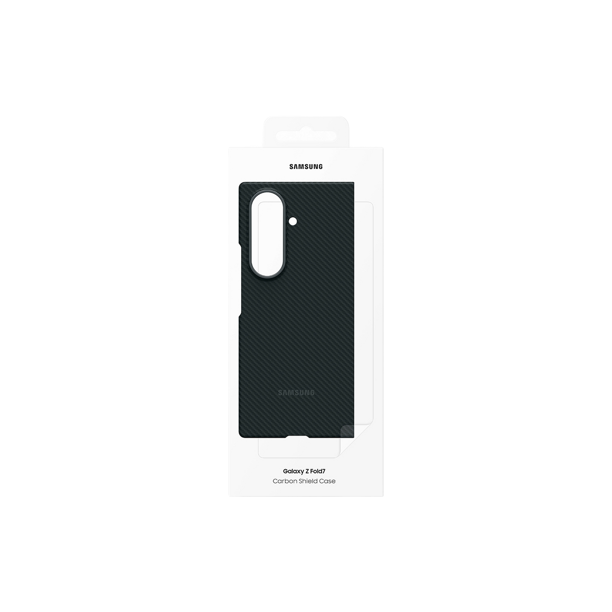 Eine Schachtel mit einer Samsung Galaxy Z Fold7 Carbon Shield Hülle wird auf schwarzem Hintergrund gezeigt.