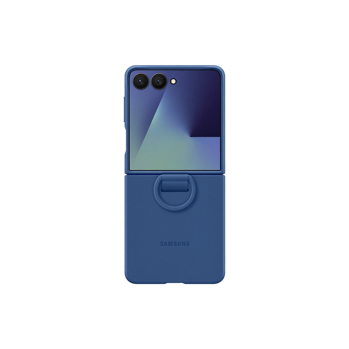 Niebieskie etui na telefon z niebieskim telefonem w środku, telefon jest częściowo otwarty.