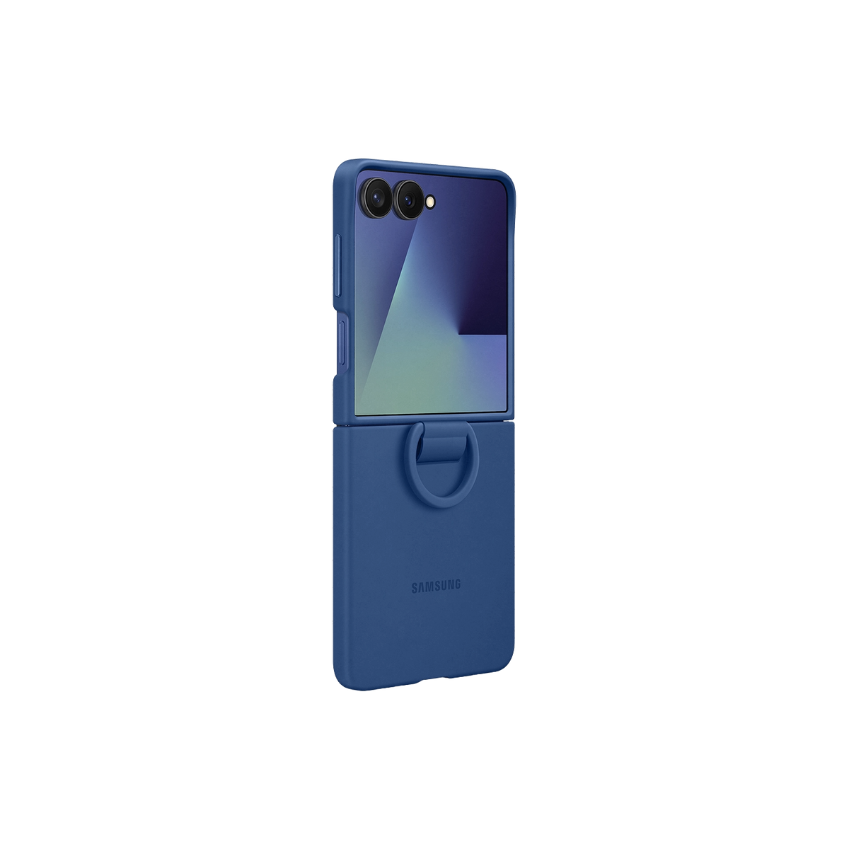 Niebieskie etui na telefon z niebieskim telefonem w środku, telefon jest częściowo otwarty.
