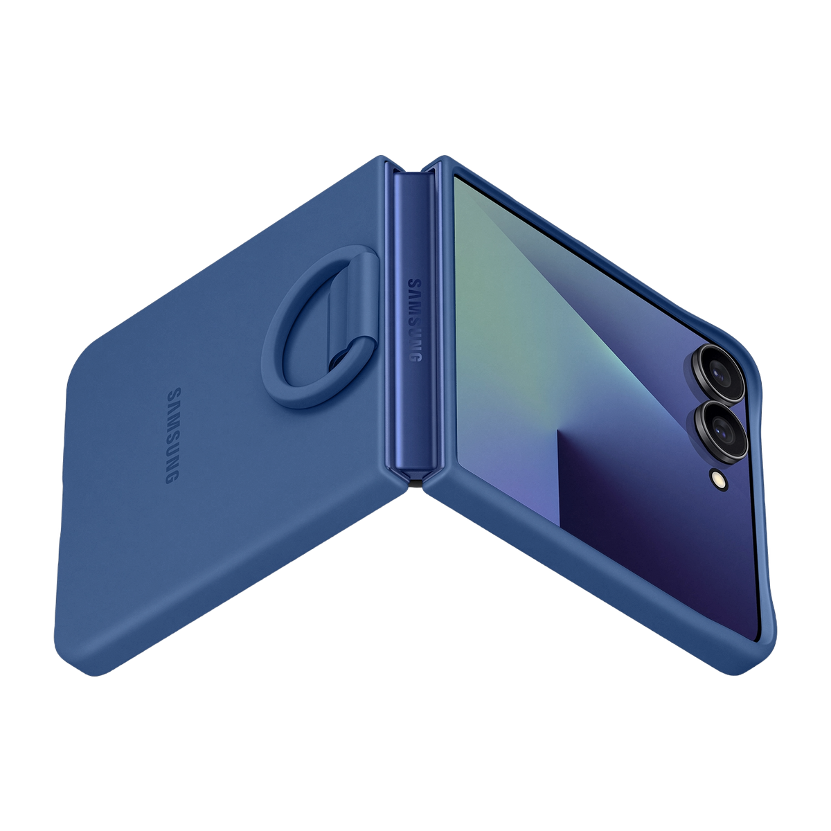 Niebieskie etui na telefon z niebieskim telefonem w środku, telefon jest częściowo otwarty.