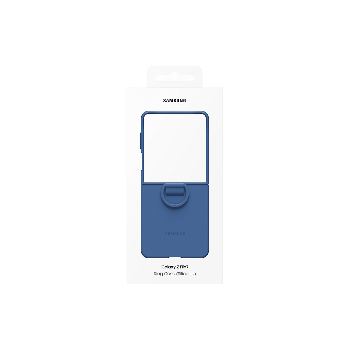Niebieskie etui z pierścieniem na telefon Samsung Galaxy Z Flip7, w białym pudełku. Telefon nie jest widoczny.