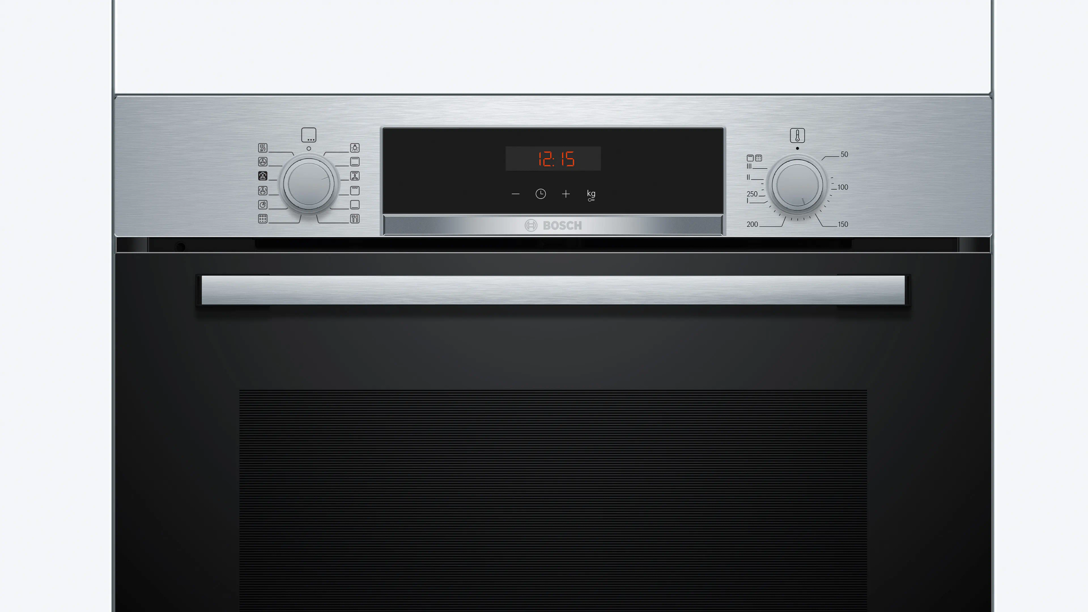 A silver oven with a digital clock display and control knobs. The oven is set against a white background.