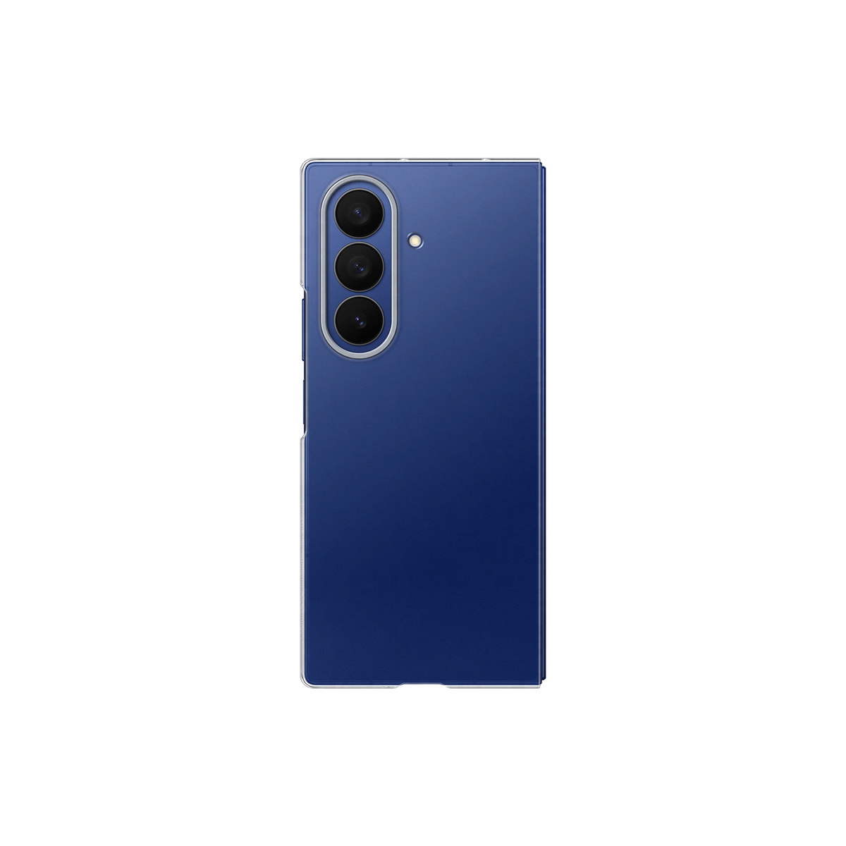 Un telefono blu, piegato. Ha tre fotocamere sul retro.