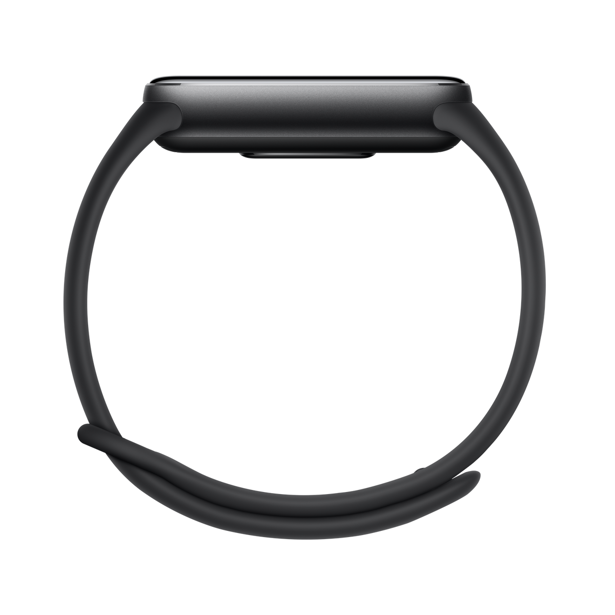 Smartwatch nero con cinturino nero, vista laterale, su sfondo nero.