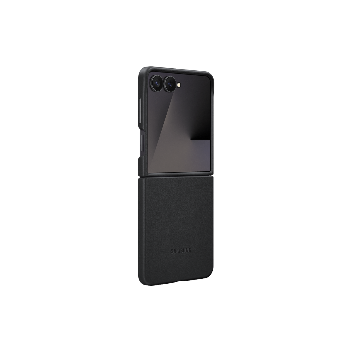Eine schwarze Handyhülle mit einem zusammengeklappten Telefon darin. Es hat das Samsung-Logo.