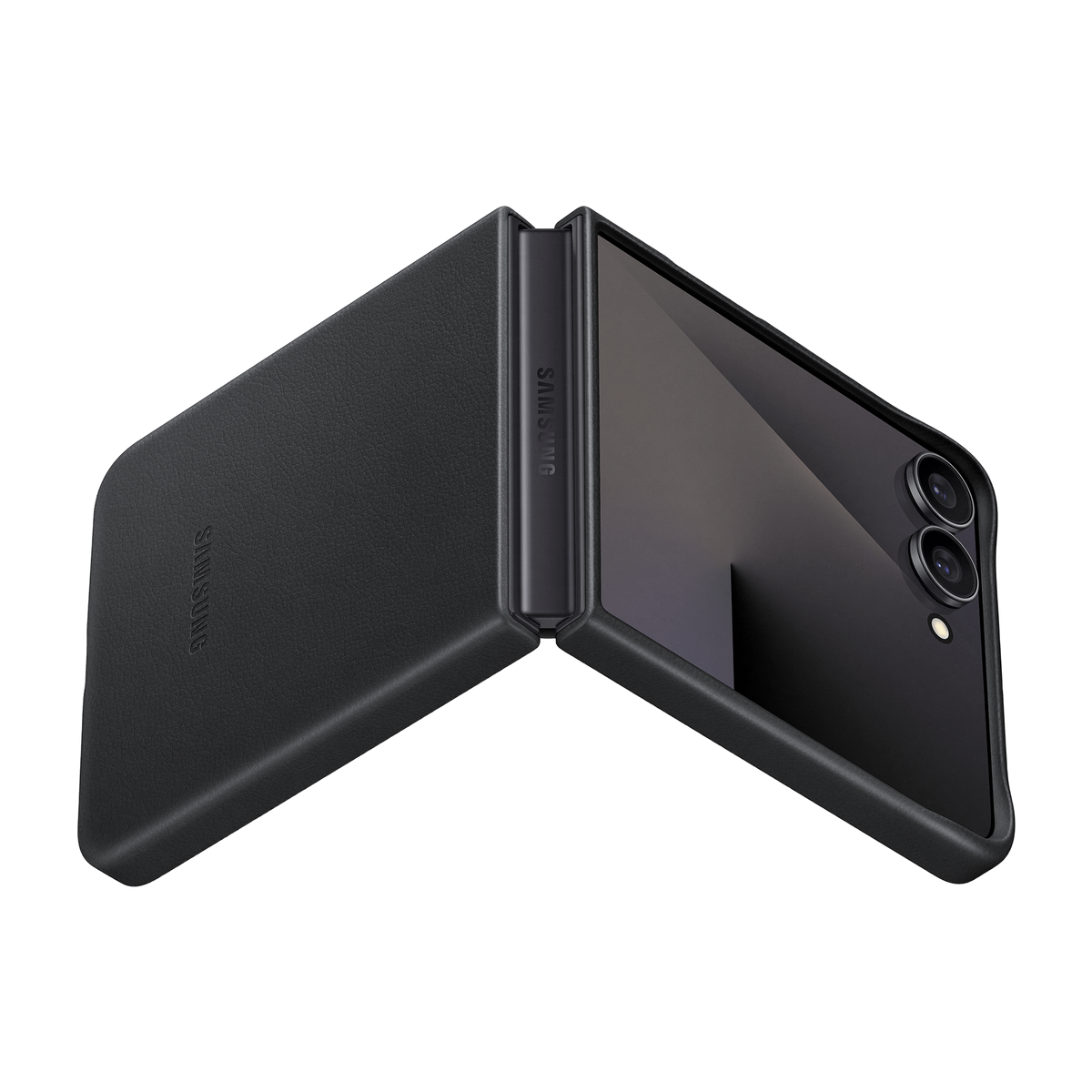 Schwarzes faltbares Smartphone geöffnet, zeigt den Bildschirm und das SAMSUNG Logo.