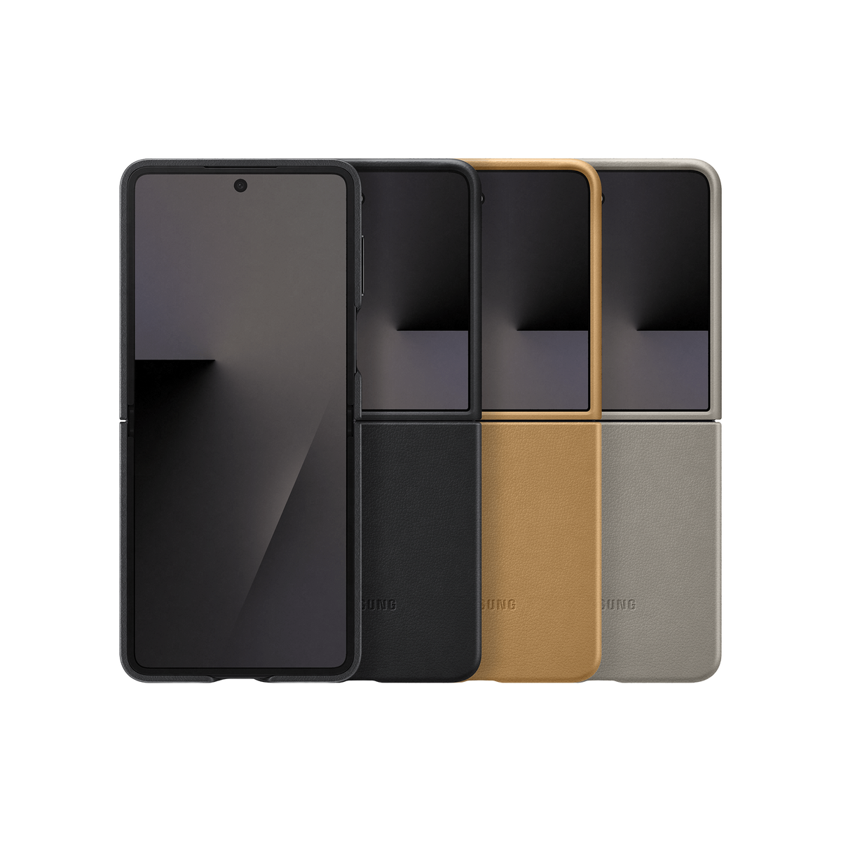Vier faltbare Telefone in verschiedenen Farben, schwarz, beige, gold und grau, auf schwarzem Hintergrund.