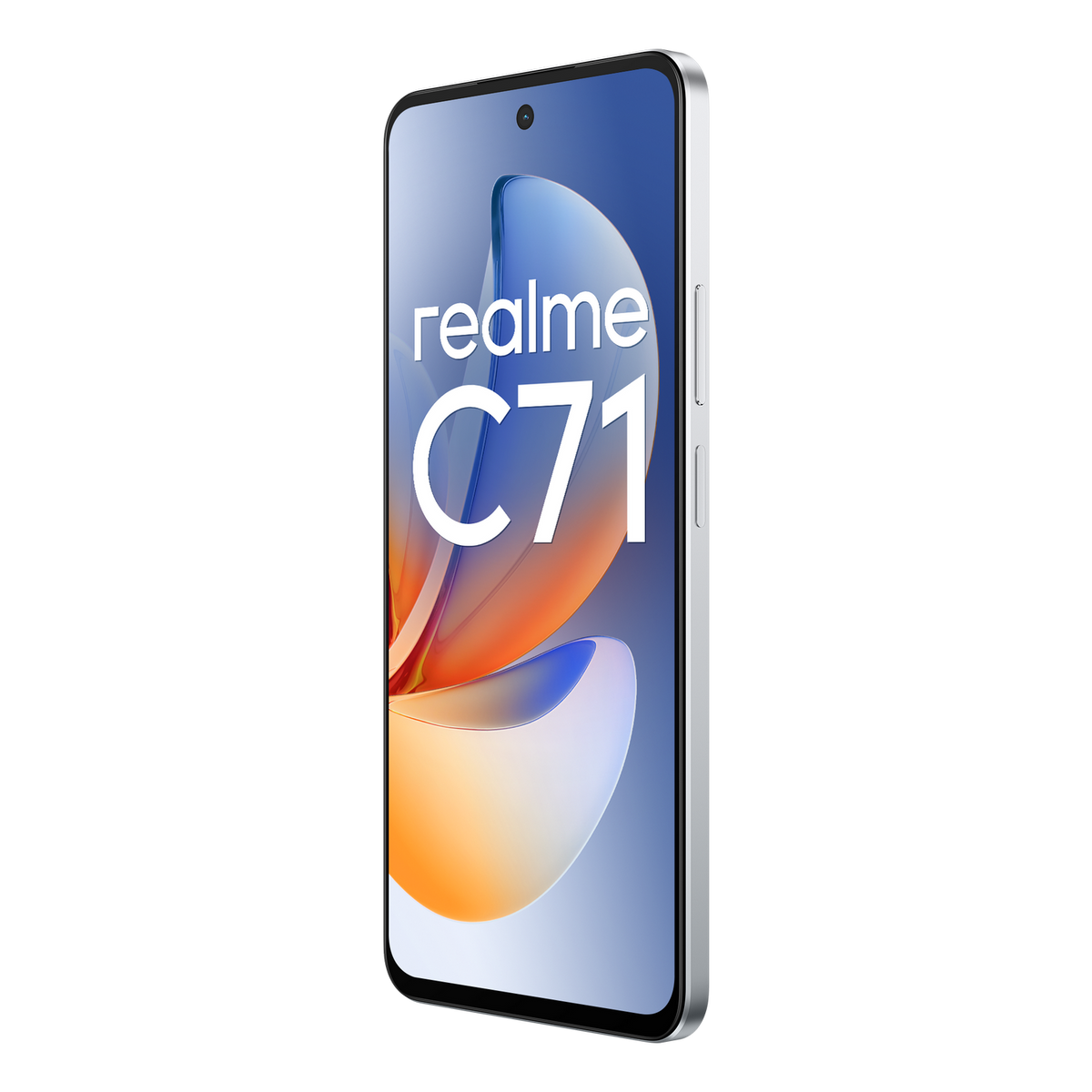 Ein weißes Smartphone mit den Worten realme C71 auf dem Bildschirm, vor schwarzem Hintergrund.