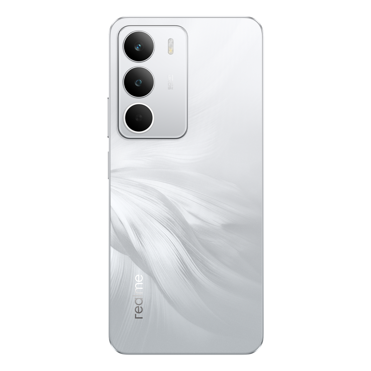 Rückseite eines weißen Smartphones mit Kameras und floralem Muster, realme-Logo unten.
