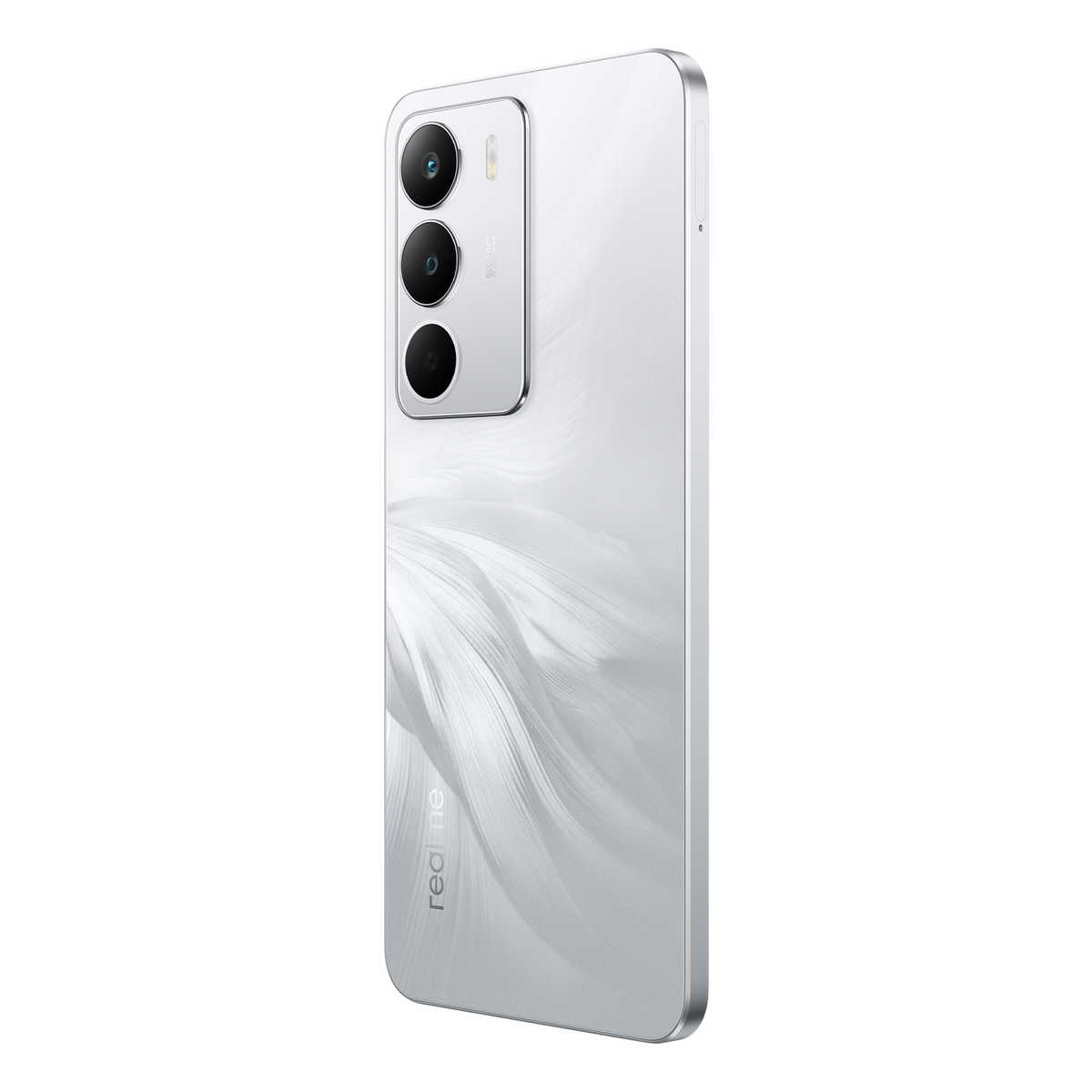 Weißes Smartphone mit Kameras, schräge Ansicht, realme-Logo sichtbar, auf schwarzem Grund.