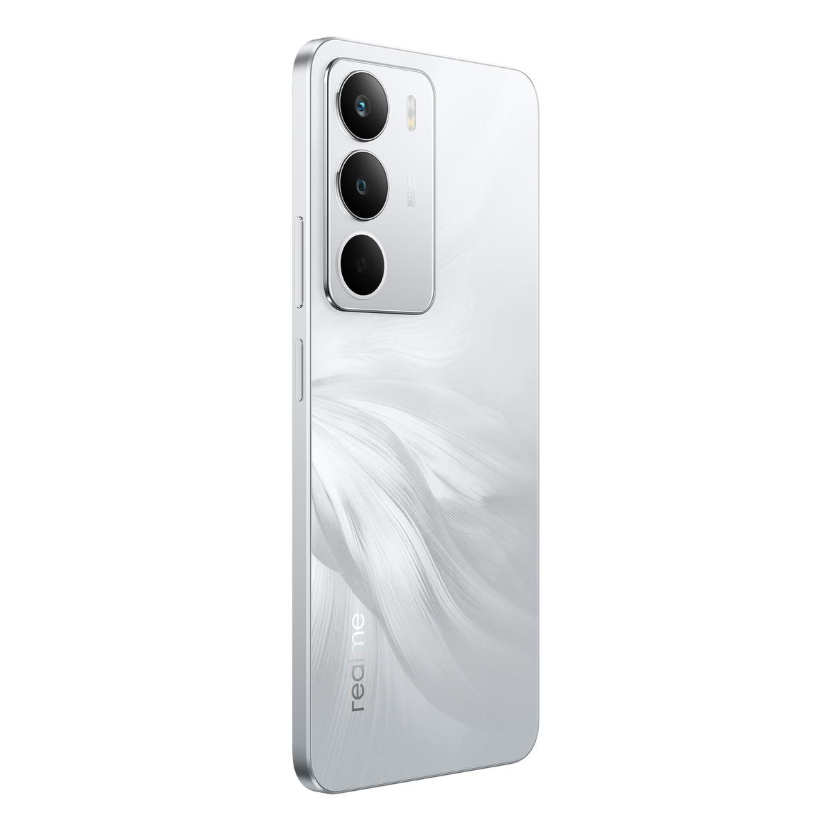 Ein weißes Smartphone mit einem Kamera-Bump und drei Kameras auf der Rückseite, vor schwarzem Hintergrund.