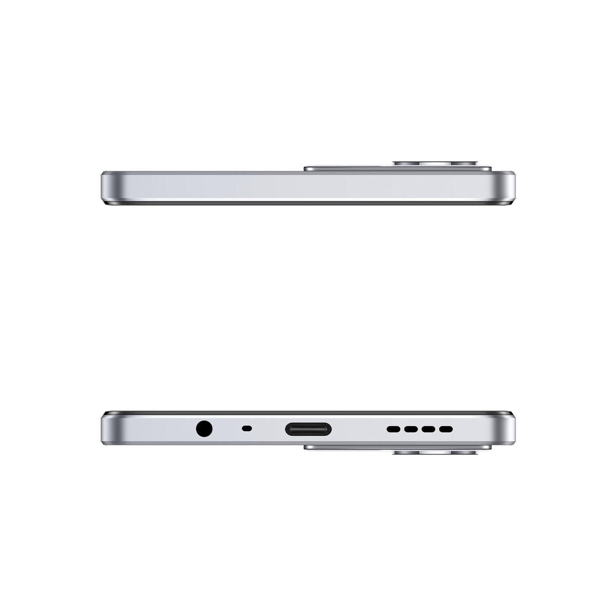 Oben- und Unteransicht eines weißen Smartphones, die die Kanten mit Anschlüssen und Tasten zeigen, vor Schwarz.