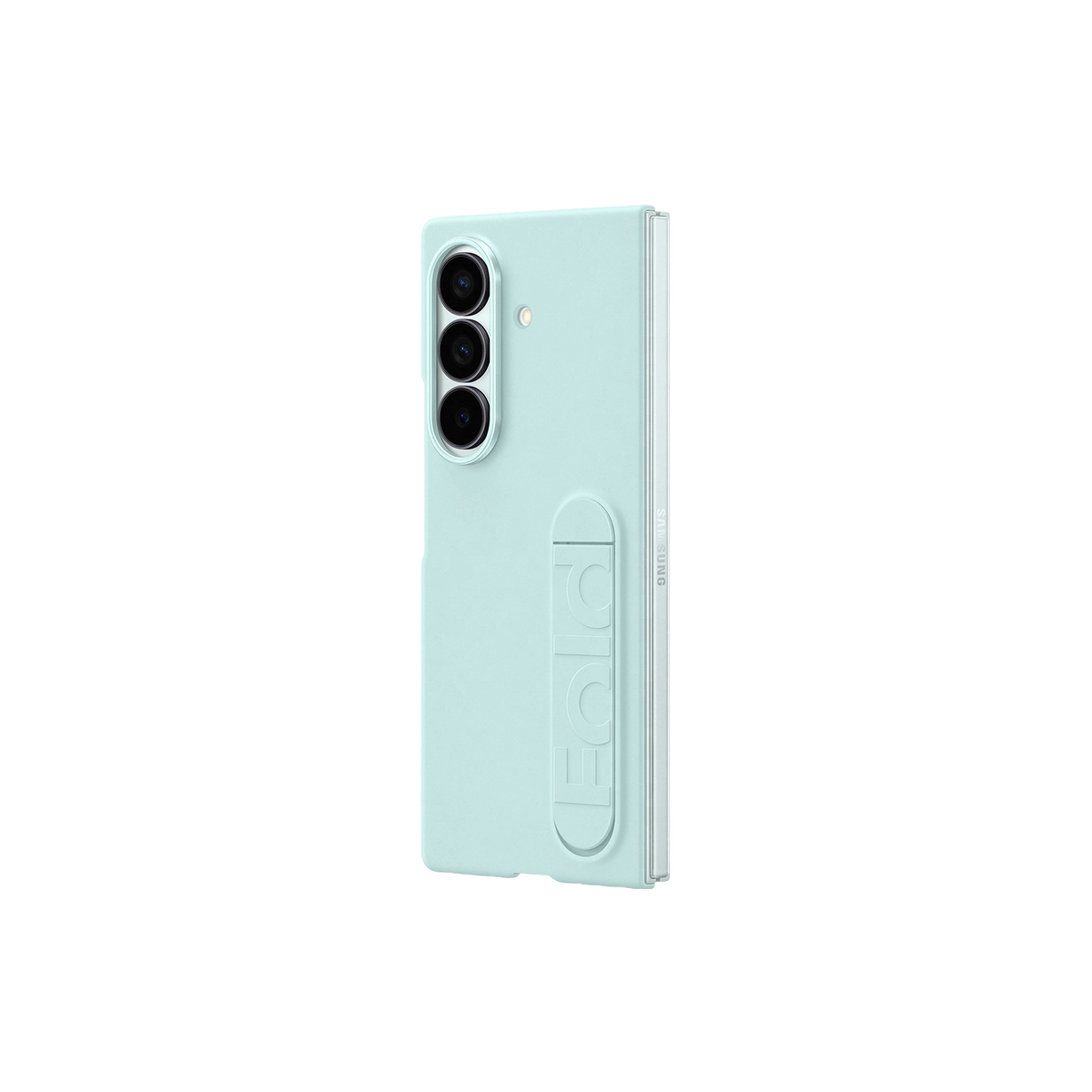Ein hellblaues faltbares Telefon, von hinten gesehen, mit drei Kameras und dem Wort "FOLD", das auf der Seite eingeprägt ist.