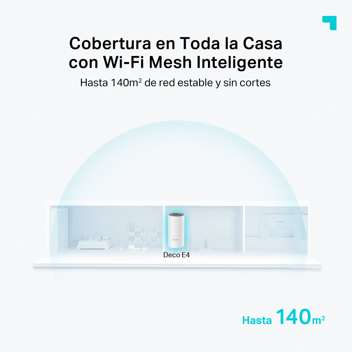 Een witte router in een witte kamer, onder een blauwe halve cirkel. Tekst erboven: 'Cobertura en Toda la Casa', 'Hasta 140m2'.