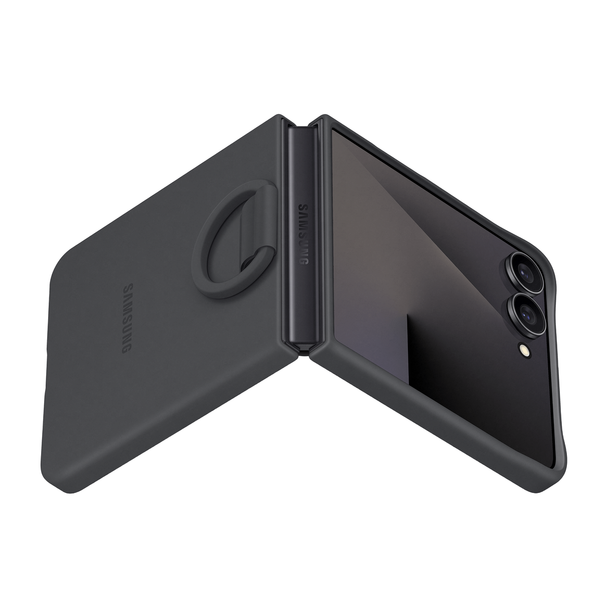 Un telefono pieghevole nero, parzialmente aperto, con un anello su sfondo nero. Il telefono mostra lo schermo e la fotocamera.