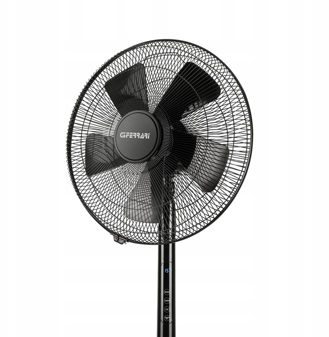 Czarny wentylator stojący GFErRARI z drucianą klatką, z czterema łopatkami, odizolowany na białym tle.
