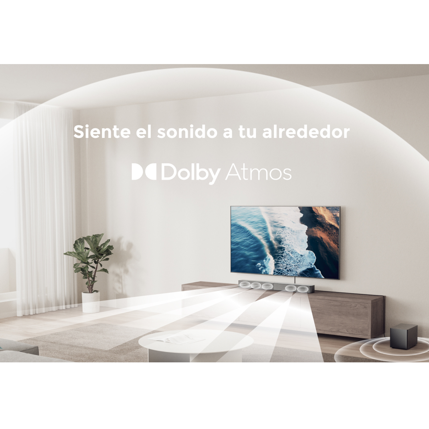 Salón con TV y sistema de sonido. Rayos de luz blanca muestran el efecto de sonido.