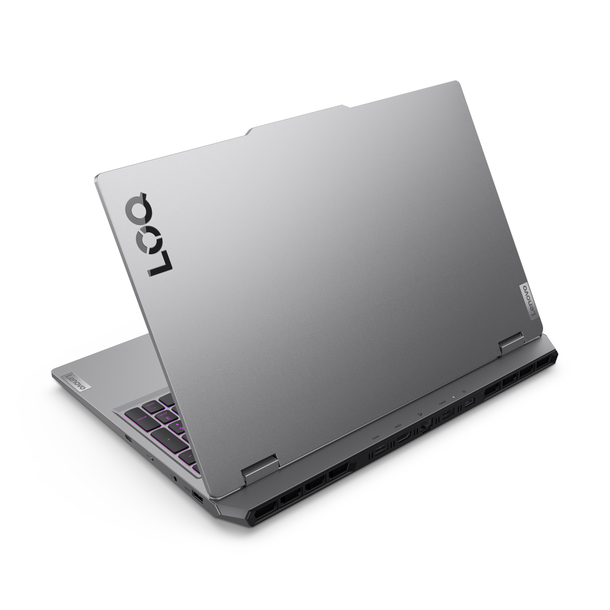 Un laptop grigio con il logo Lenovo, leggermente aperto, su sfondo bianco.