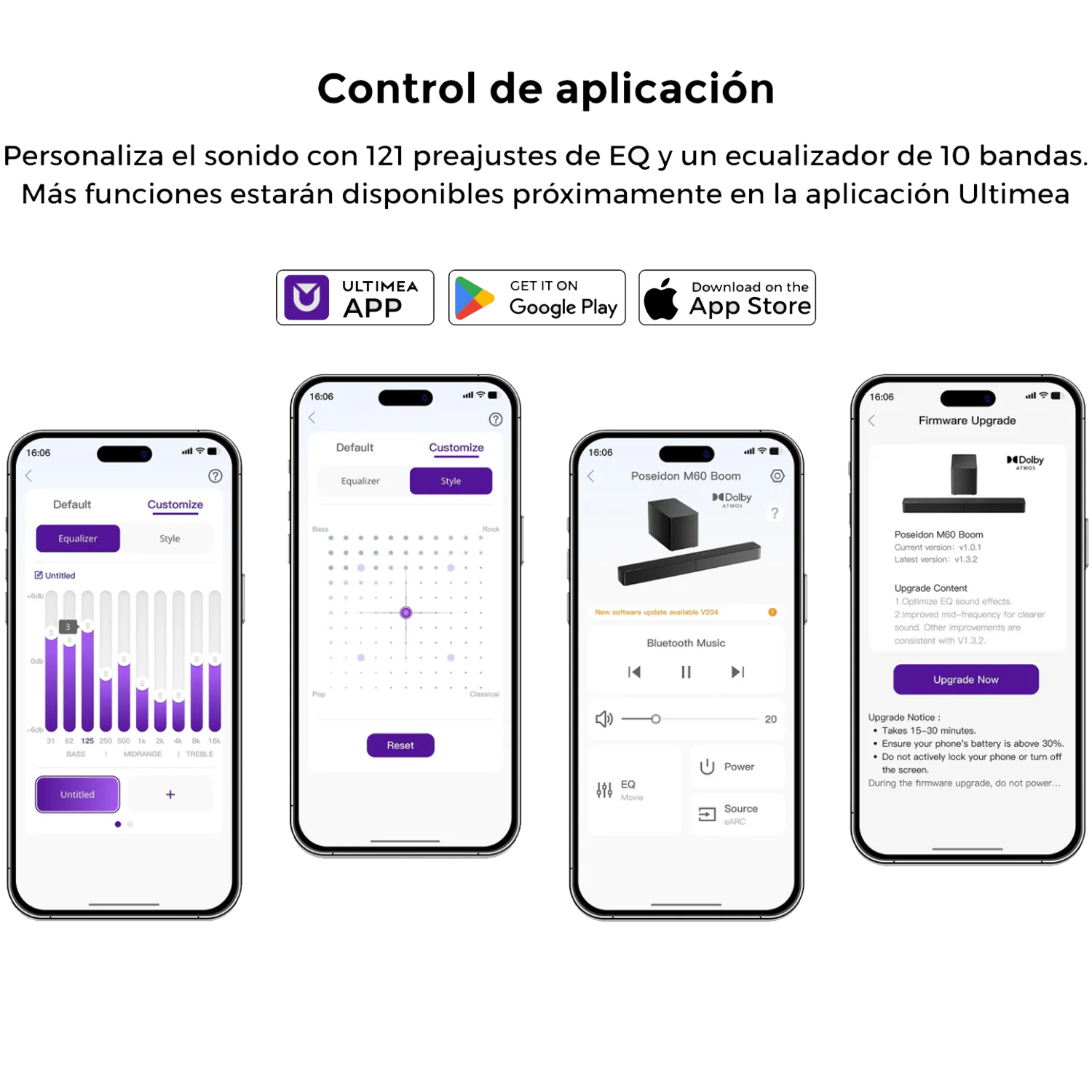 Pantallas mostrando controles de la aplicación. Diferentes pestañas visibles. Botones de descarga.