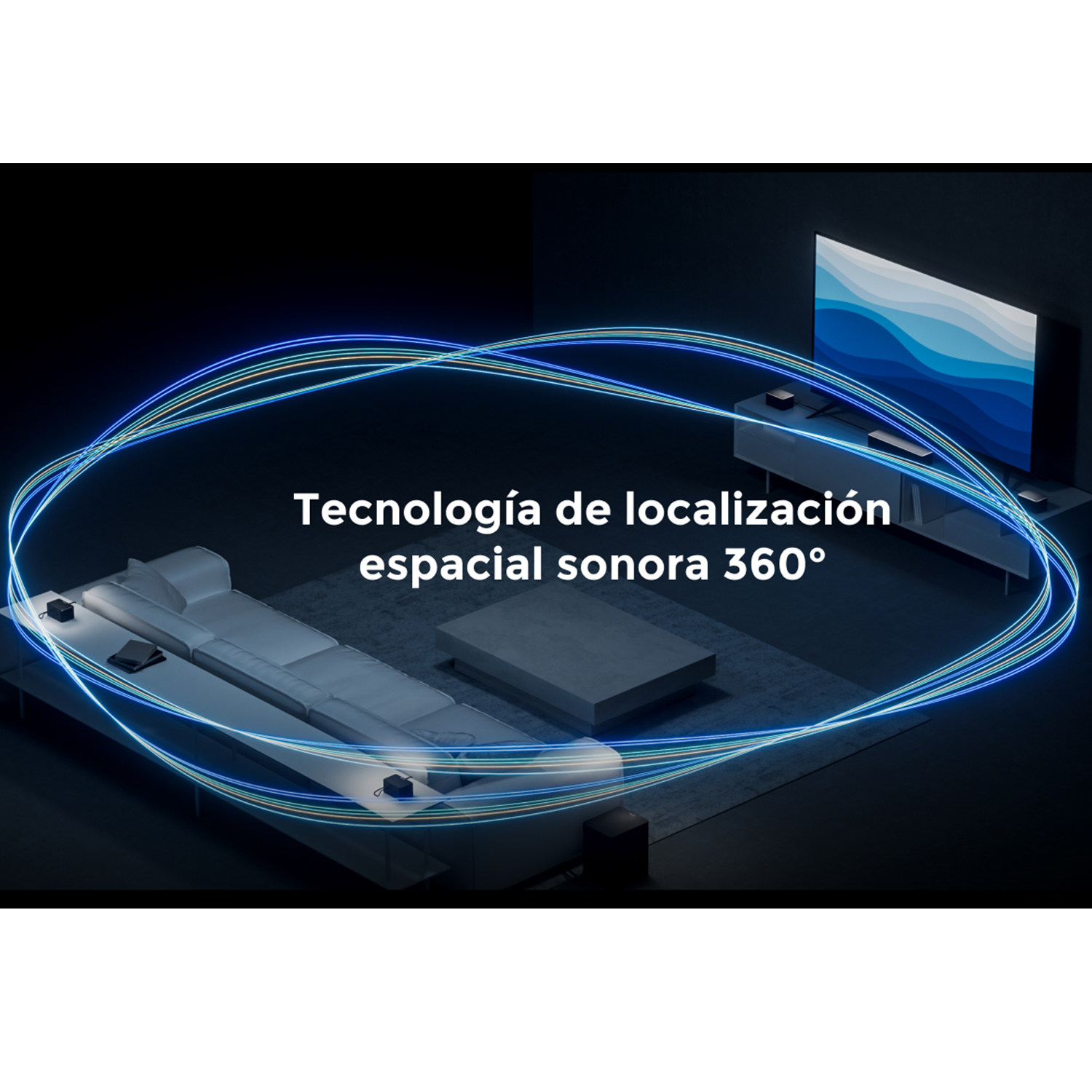 Salón con TV, altavoces y sofá. Un anillo de luz azul indica el sonido.