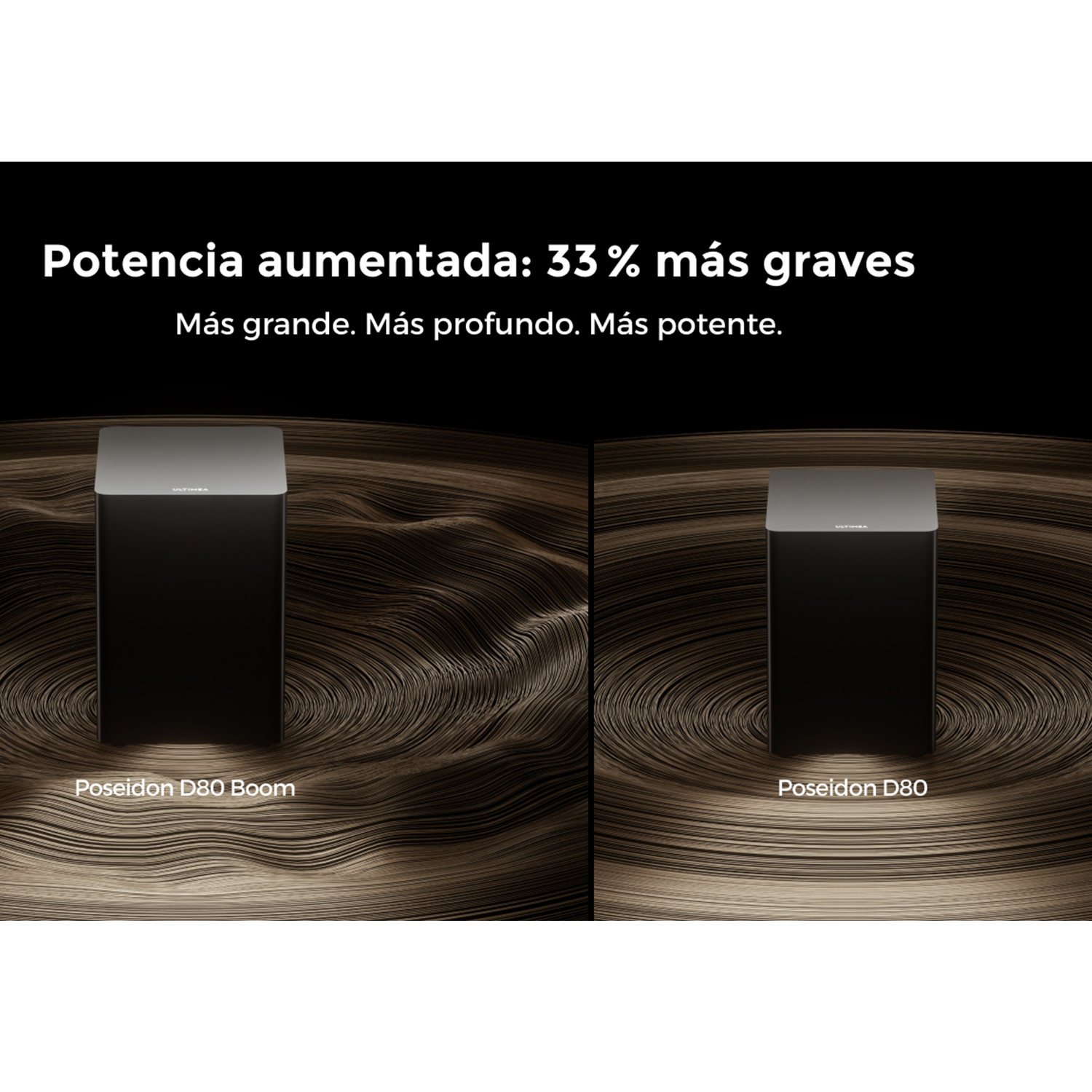 Dos altavoces negros lado a lado. El texto indica mayor potencia, enfatizando tamaño y profundidad.